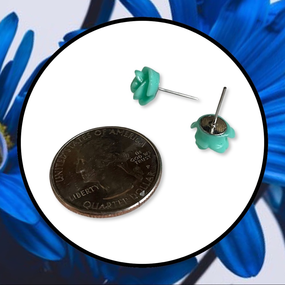 Teal Blue Flower Stud Earrings - Picture 2 of 6